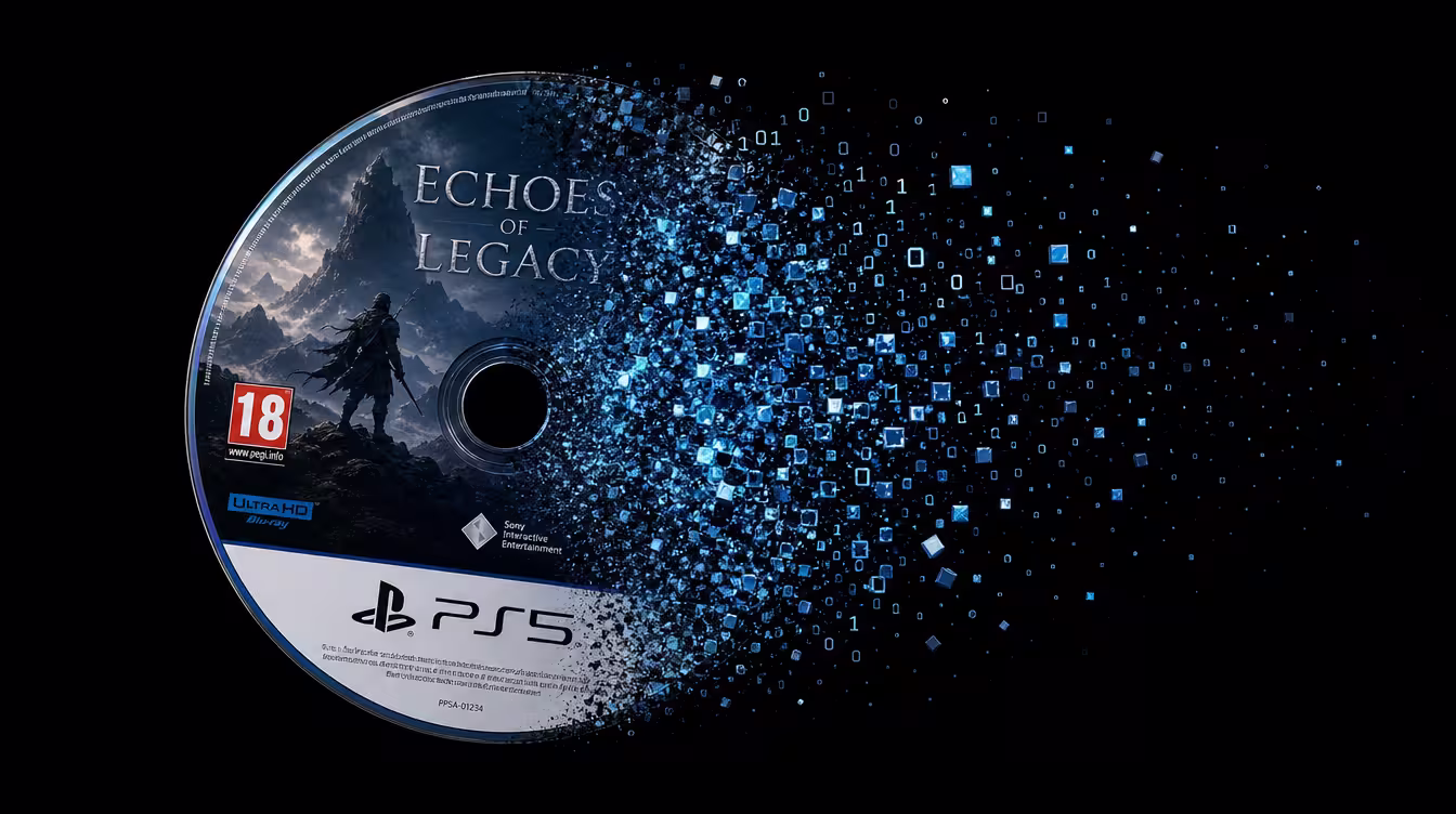 Ilustração conceitual mostrando um disco de jogo PlayStation se dissolvendo em código digital ao lado de um cadeado fechado